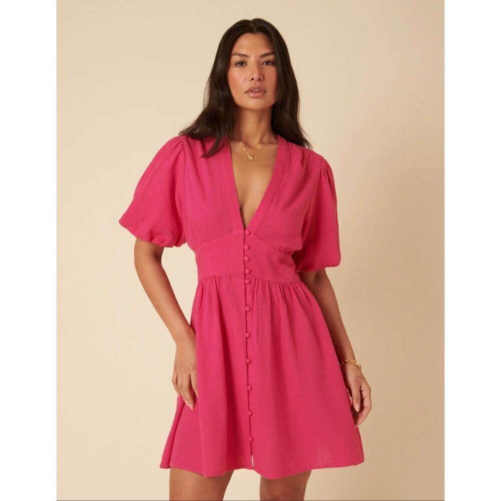 Nobody’s Child Pink Linen-blend Short Sleeve Starlight Mini Dress US4